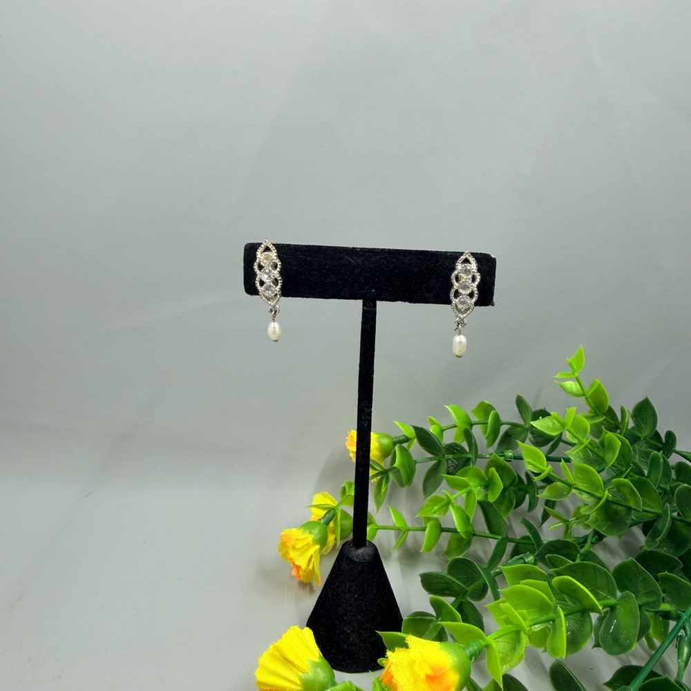Napier Signed Silver Plated Filigree Drop Clip On Earrings with Pearl Accent